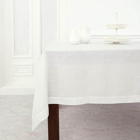 Solino Home Linen Tablecloth for Rectangle Tables 60 x 156 Inch - Classic Hemstitch 100% Pure Linen White Table Cloth - Machine Washable Cloth Tablecloth for Valentines, Spring, Easter