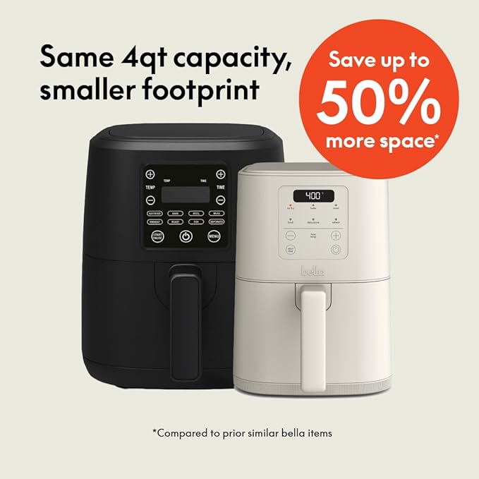 bella 4Qt Slim Air Fryer, Fits-anywhere??Kitchenware, EverGood??Ceramic Nonstick Coating, Adjustable Temperature, 6 Preset Cooking Options, 60 Min Auto Shutoff w Audible Tone, 3.3lb Capacity, Oatmilk