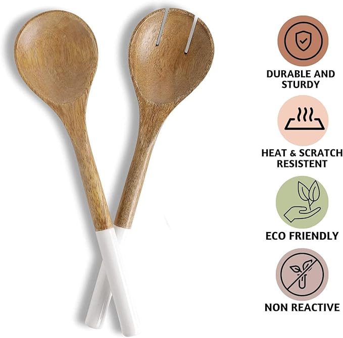 Folkulture Salad Servers or Salad Tongs | Set of 2 (12") Serving Spoons in Kitchen Essentials or Salad Hands Set | Wooden Salad Tongs for Serving | Christmas Gifts for Women Unique