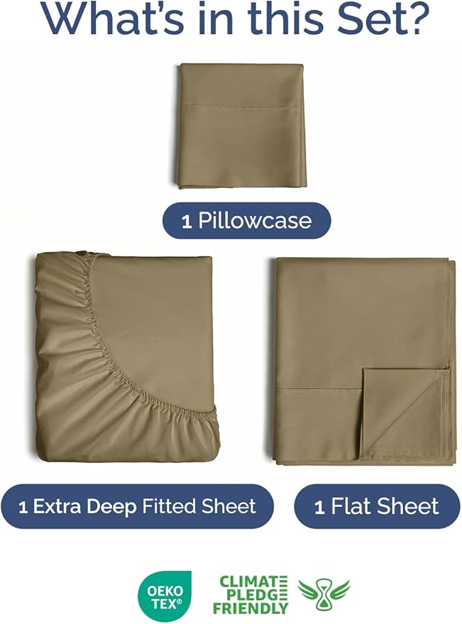 Extra Deep Pocket Twin Sheets - 3 Piece Breathable & Cooling Bed Sheets - Hotel Luxury Bed Sheet Set - Soft, Wrinkle Free & Comfy - Easily Fits Extra Deep Mattresses - Deep Pocket Khaki Sheets Set