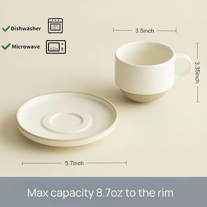 Stackable 8oz Minimalist Handmade Ceramic Cappuccino Espresso Cup with Saucer ??Small Stoneware Coffee Mug, Lead-Free Latte Art Mug竊똇andmade Pottery tea mug or tea cup (Matte White)