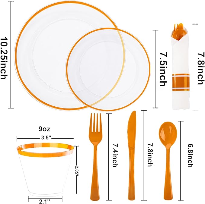 SUT 175Pcs Orange and Clear Plastic Dinnerware Set for 25 Guests, Include: 25 Dinner Plate, 25 Dessert Plates, 25 Pre Rolled Napkins With Silverware, 25 Cups, Disposable Plates for Party
