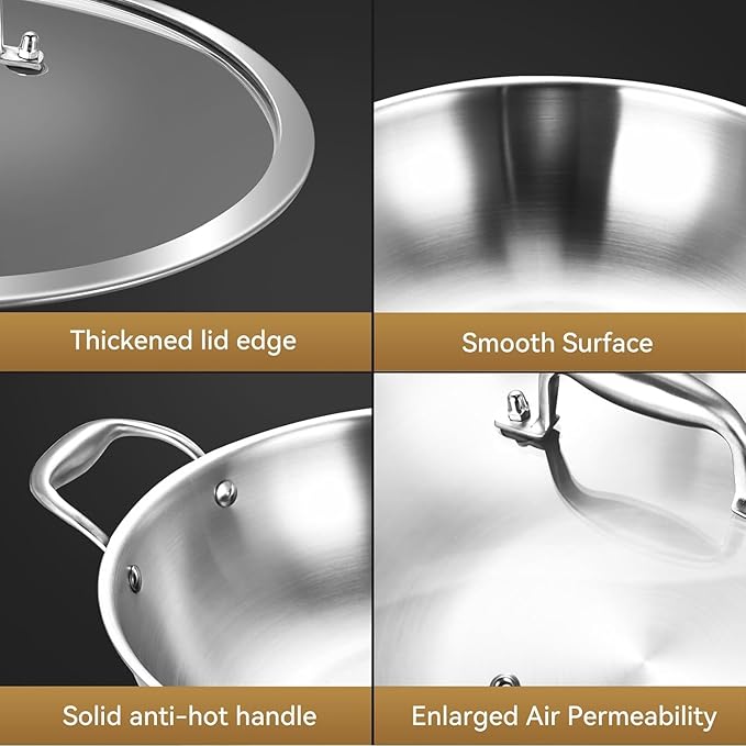 LOLYKITCH 13 Inch Tri-Ply Stainless Steel Wok Pan with Lid,5.5 Qt Induction Cooking Pot,Dishwasher and Oven Safe