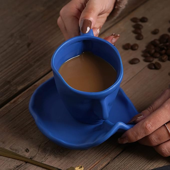oliruim Blue Coffee Cup and Saucer Set - Ceramic Unique Kissing 8.5 oz Coffee Mug Set with Spoon, Face Coffee Cup and Saucer for Valentine, Wedding, Anniversary Decor (Blue)