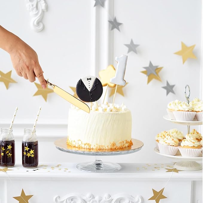 Gold Cake Cutting Set, 2 PCS Wedding Cake Knife and Server Set, Vintage Engraved Cake Cutter and Serving Spatula for Wedding, Birthday, Anniversary, Party