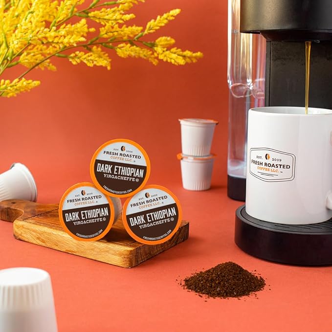 Fresh Roasted Coffee, Dark Ethiopian Yirgacheffe Kochere, Dark Roast, 72 Pods for K Cup Brewers