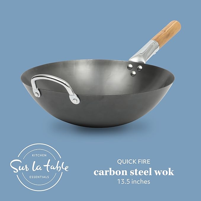 SUR LA TABLE Kitchen Essentials Quick Fire 13.5" Carbon Steel Flat Bottom Wok ??Durable Nonstick Stir Fry Pan