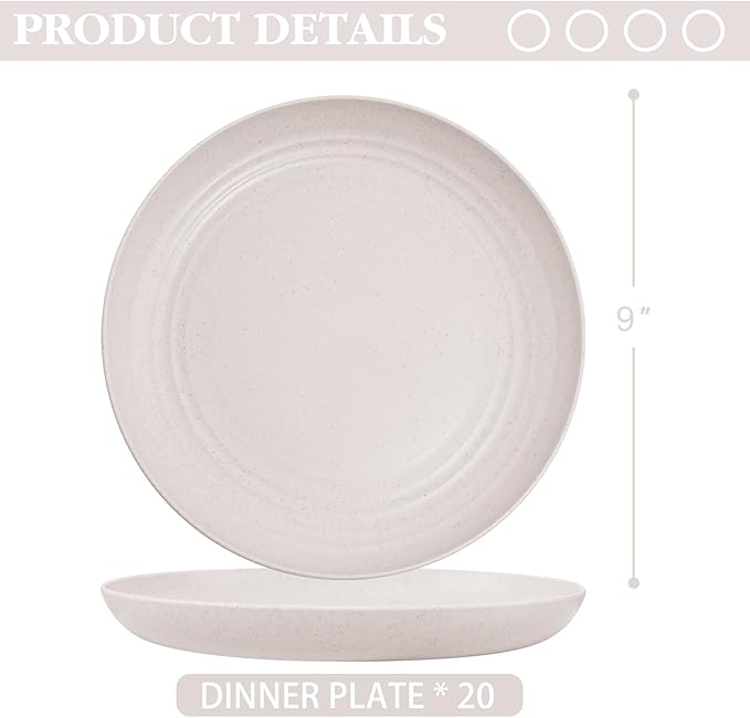 LIYH 20 Pcs Wheat Straw Plates - 9 Inch Unbreakable Dinner Plates - Dishwasher Safe Plastic Plate Reusable - Lightweight Plate for Kitchen Camping (Beige)