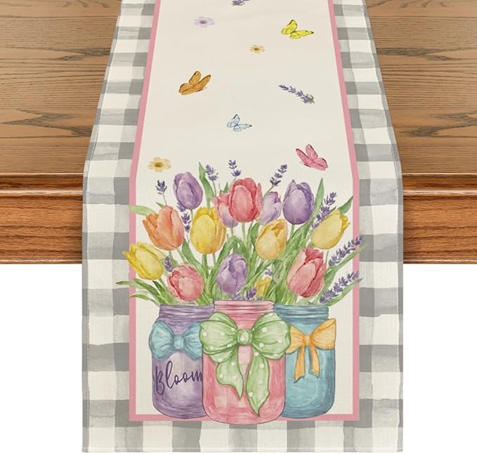 Artoid Mode Buffalo Plaid Vase Lavender Tulip Spring Table Runner, Seasonal Kitchen Dining Table Decoration for Home Party Decor 13x120 Inch