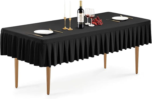 Wish Care Black Spandex Table Clothes for 6 Foot Rectangle Tables Wrinkle Free Stretch Fitted Tablecloth 6ft Pleated Ruffle Elastic Table Cover Skirt for Banquet Dining Outdoor Home Party Tablecloth