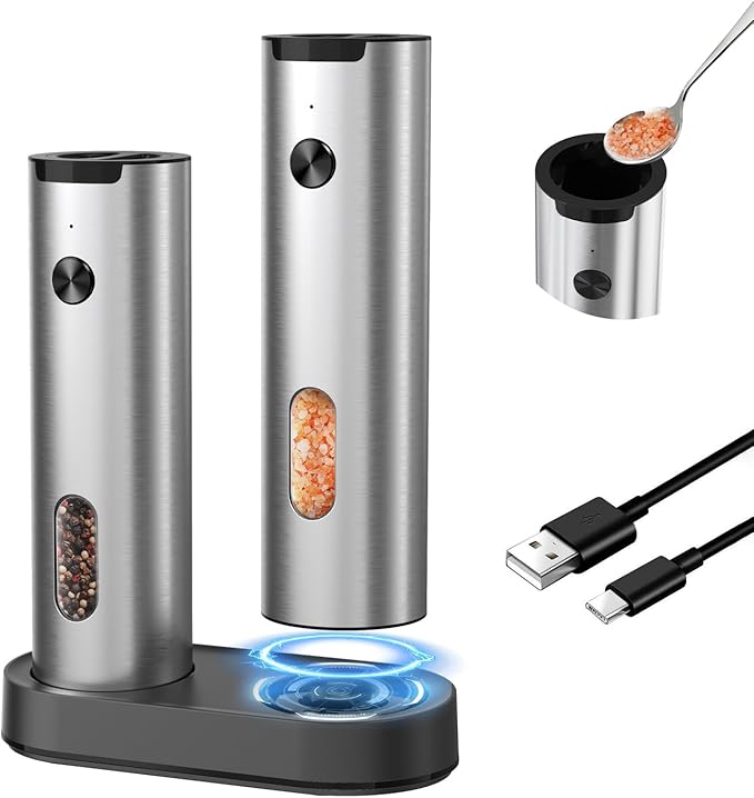 CIRCLE JOY Electric Salt and Pepper Grinder Set, Stainless Steel Rechargeable Pepper Mill Set with Charging Base, 110ML Top-Fill, Adjustable Coarseness, LED Light, One-Hand Operation, Gift Idea