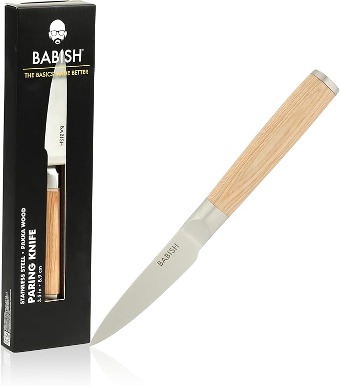 Babish 1.4116 German Stainless Steel Paring Knife with Light Pakka Wood Handle ??3.5-Inch Precision Kitchen Knife for Peeling, Trimming & Prep Work, Full-Tang Blade