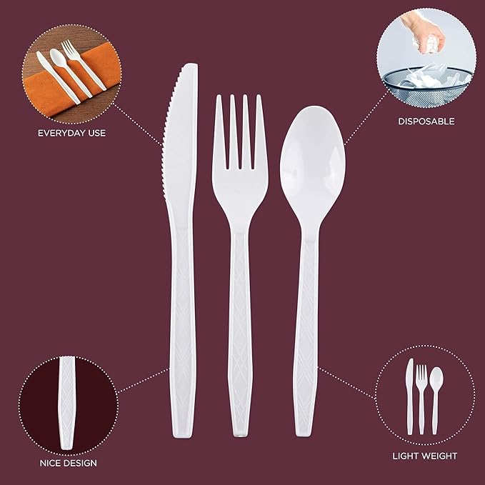 Party Bargains White Plastic Cutlery 2160 pcs: 1080 Forks, 720 Spoons, 360 Knives. Argyle Design, Heavy Duty & Solid Disposable Silverware Utensils Combo Pack Set for Weddings, Buffets, Luncheons