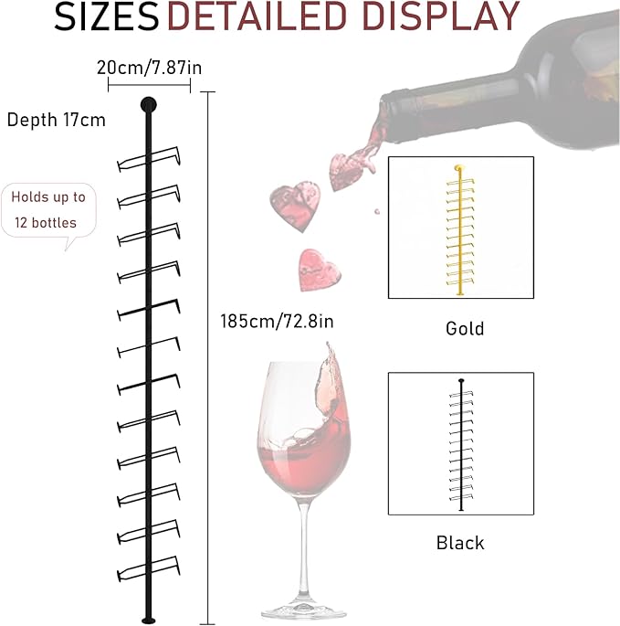 Large Wall Mount Wine Rack, H 72.8inch Wall Mounted Shelves for Bar, Holds 12 Metal Wine Storage Holder, for Commercial Restaurants Pantry Bar Wine Cellar (H, Five rows-60 Bottles)