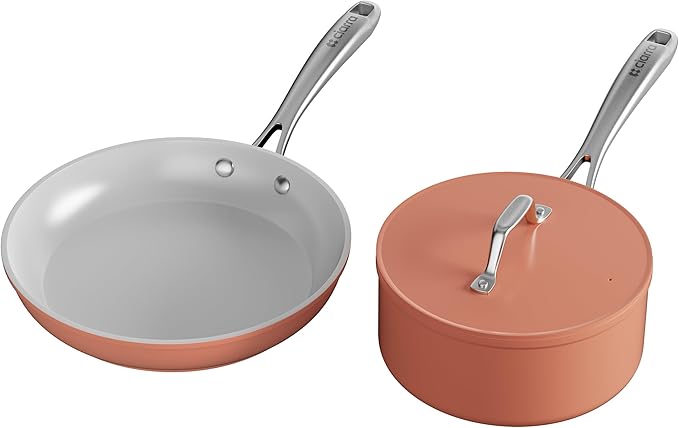 CIARRA Non Stick Frying Pan (10.2") & Ceramic Sauce Pan (3qt) - Non Toxic, PTFE & PFOA Free - Oven Safe & Compatible with All Stovetops, Orange