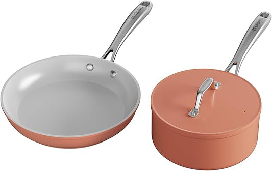 CIARRA Non Stick Frying Pan (10.2") & Ceramic Sauce Pan (3qt) - Non Toxic, PTFE & PFOA Free - Oven Safe & Compatible with All Stovetops, Orange