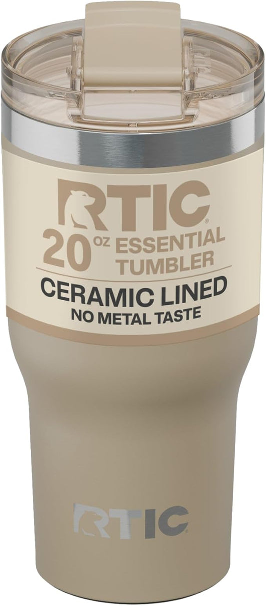 RTIC 20oz Essential Tumbler with Lid, Ceramic Lined, Insulated, Stainless Steel, Metal, Double Wall Vacuum-Insulation, Travel Cup for Iced Coffee, Tea, Hot and Cold Drink, Beach