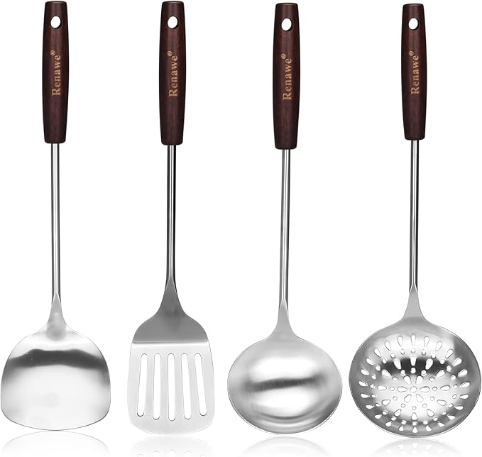 15 inch Large Spatula Slotted Turner Soup Ladle 304 Stainless Steel Wok Spatula Set Slotted Spoon for Cooking Utensils Set Long Wooden Handle Ladles Kitchen Metal Spatulas Cooking Spoons