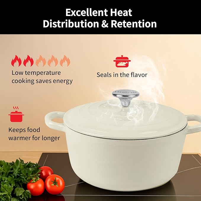 Enameled Cast Iron Dutch Oven Pot with Lid, 5.7 Quart Dutch Oven for Bread Baking, Oven Safe up to 500째 F, Suitable for Bread Baking, Braising, Roasting, Stews, White