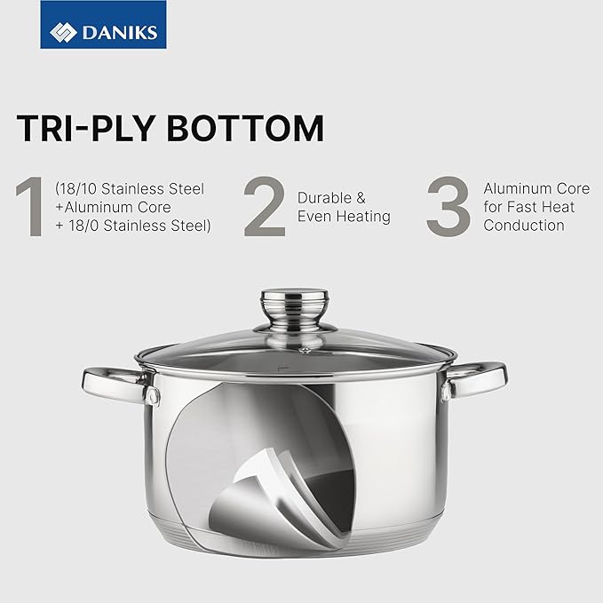 Daniks Standard 4 Quart Stainless Steel Stock Pot with Glass Lid, Try-Ply Bottom for Even Heating, Induction Compatible, Dishwasher Safe, Built-In Measuring Scale, Silver