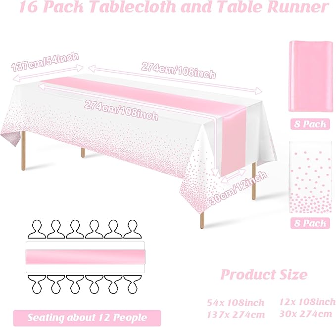 16Pack Disposable Plastic Tablecloths and Satin Table Runner Set White and Pink Dot Table Cloth Gold for Graduation Wedding Engagement Birthday Baby Shower Anniversary Holiday Party Decorations