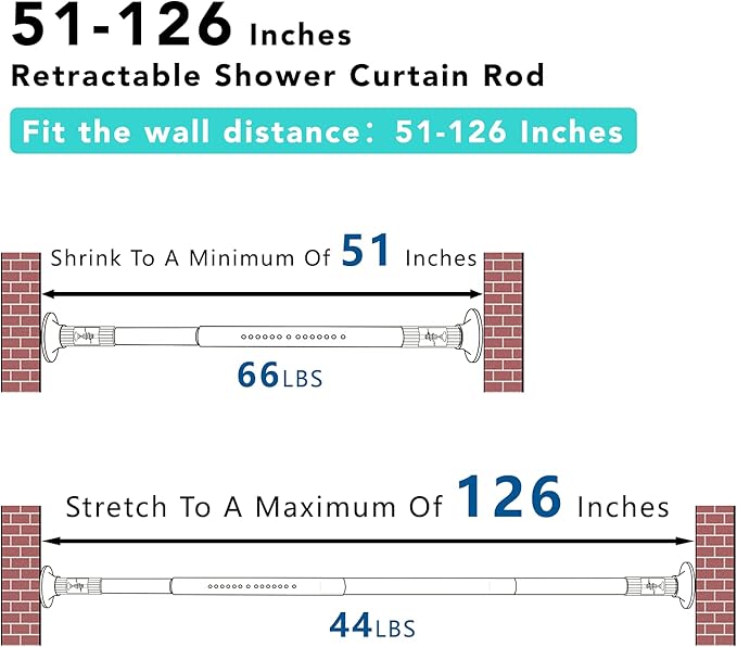 Tension Curtain Rod, 51-126 Inch,Spring Shower Tension Curtain Rod, Closet Rod, for Windows or Shower, Easy to Install, No Drilling, No Rust, for Bathroom, Rod Diameter 1.26 Inches, Grey,Umimile