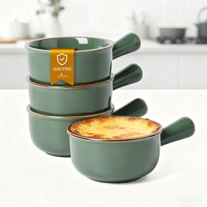 MONITO 28 Oz French Onion Soup Bowls, Ceramic Soup Bowls with Handles, Stackable Soup Crocks, Oven/Microwave/Dishwasher Safe, for Cereal, Soups, Casseroles, Dark Green