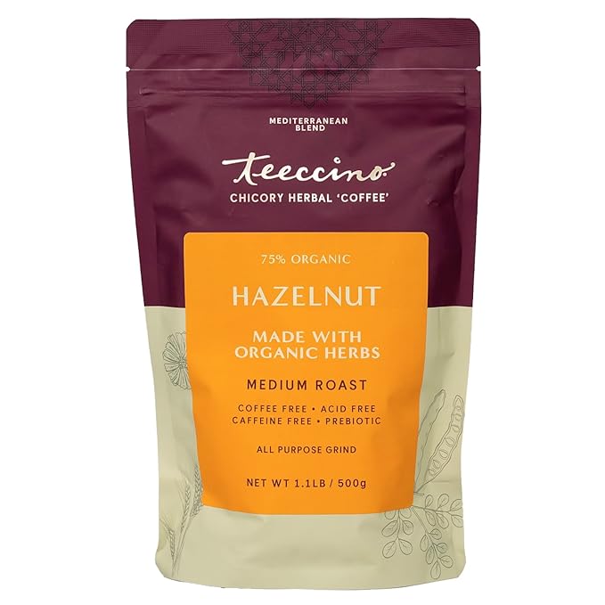 Teeccino Hazelnut Chicory Coffee Alternative - Ground Herbal Coffee That?™s Prebiotic, Caffeine Free & Acid Free, Medium Roast, 1.1 Pound