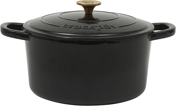 Crock Pot Artisan 7-Quart Round Cast Iron Dutch Oven with Lid ??Black Enamel Finish, Gold Knob, Durable Heavy-Duty Cookware for Slow Cooking, Baking, and Roasting