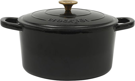 Crock Pot Artisan 7-Quart Round Cast Iron Dutch Oven with Lid ??Black Enamel Finish, Gold Knob, Durable Heavy-Duty Cookware for Slow Cooking, Baking, and Roasting