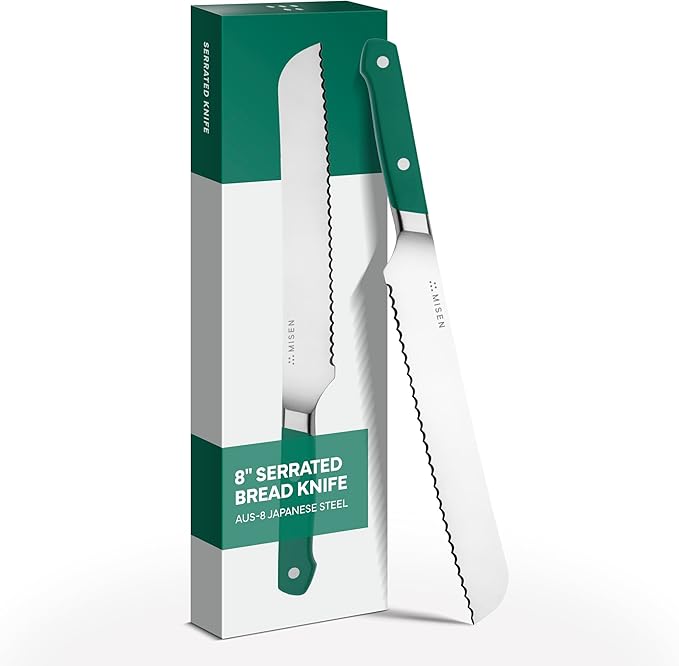 Misen Serrated Bread Knife - High-Carbon Japanese AUS8 Steel - Perfect for Soft Foods, Bread, Pastries, and Fruits - Verstatile Slicer, Razor-Sharp Edge, Durable Blade, Ergonomic Handle - 8", Green