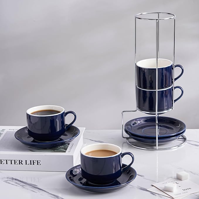 8oz Porcelain Cappuccino Cups with Saucers and Metal Stand, Stackable Coffee Cups for Specialty Coffee Drinks, Cappuccino, Latte, Espresso, Americano and Tea - Cups Set of 4, Blue