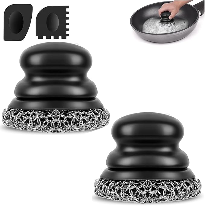 Onewly Cast Iron Scrubber (2 횞 Black Coarse Mesh) and and Scraper, Chain Mail Scrubber for Cleaning Stock Pots, Pans, Griddles, Grills, Cast Iron Skillets, Dish Scouring Pads