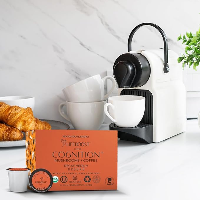 Lifeboost Cognition Decaf Mushroom Coffee Pods ??Organic Low Acid Decaf K-Cups with Lion?셲 Mane & Chaga Adaptogens ??Nootropic Coffee for Focus, Energy & Immune Support ??10 Count
