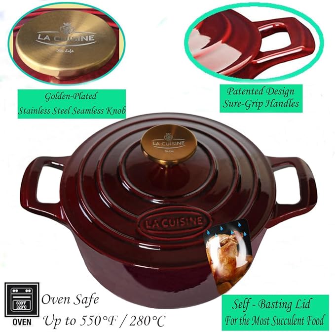 La Cuisine Enameled Cast Iron Dutch Oven Casserole Dish Pot with Lid, 5 QT 10.3??/26cm Dia. Internal Matte Black Enamel Coating Gold-Plated SS Lid Handle Oven Safe up to 500째 F, Cranberry