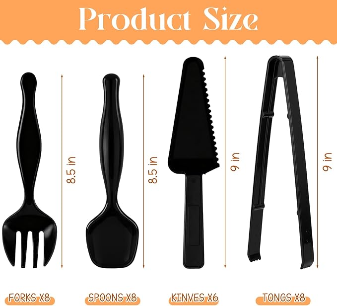 30 Pcs Disposable Plastic Serving Utensils Set Include 8.5'' Serving Spoons Forks 9'' Tongs and Knives for Birthday Party Buffet Dinner Food Salad Utensils Christmas (Black)