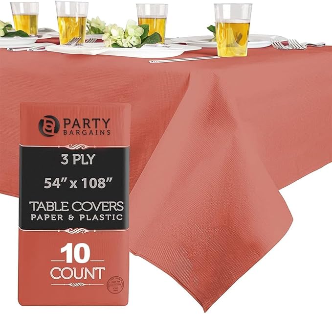 PARTY BARGAINS Disposable Table Covers, 54 x 108 Inch, Red, 3-Ply Paper & Plastic Spill-Resistant Party Tablecloths, 10 Pack