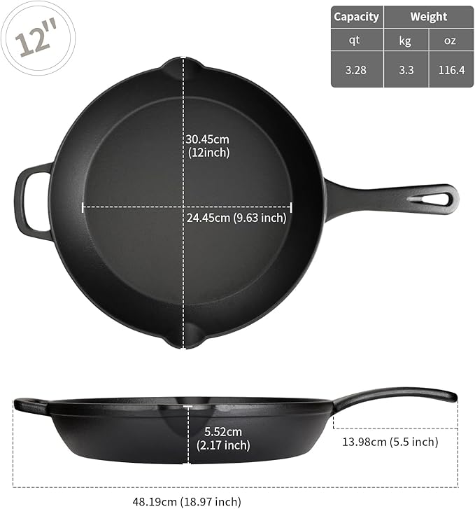 12 Inch Cast Iron Skillet ??Large Pre-Seasoned Frying Pan, Ideal for Christmas Holiday Dinner, Family-Size Oven Safe Cookware