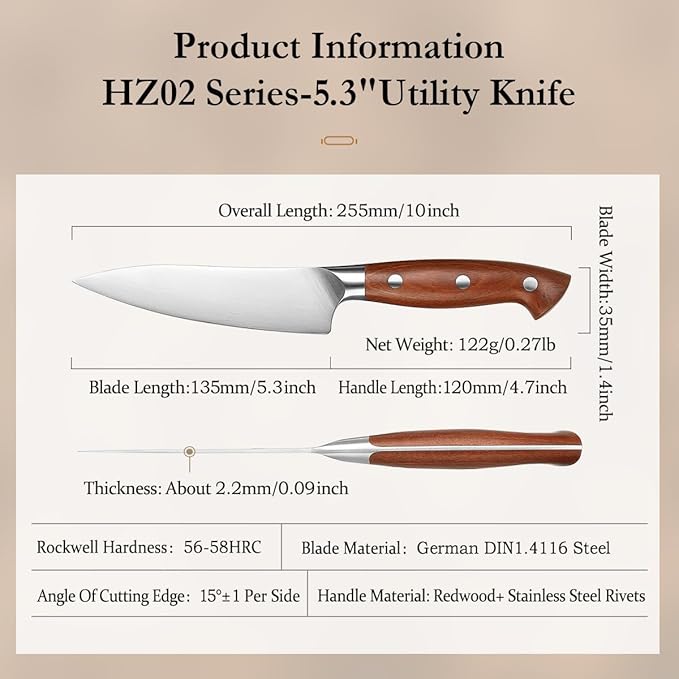 HEZHEN Petty Knife - 5.3??Chef Utility Knife, High Carbon German 1.4116 Stainless Steel Blade, Full Tang, Red Wood Handle, Premium Gift Box,