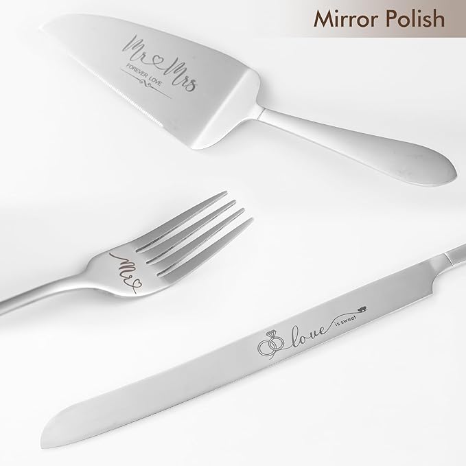 Wedding Cake Knife and Server Set, Mr Mrs Forks and Cake Cutting Set for Wedding for Couples 2025 (Silver)