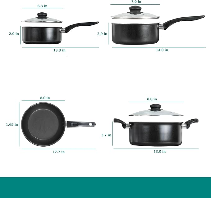 7-Piece Non-Stick Aluminum Pots and Pans Cookware Set, Black Coating, Dishwasher Safe