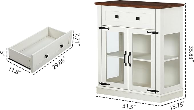 31.5'' Modern Small Buffet Cabinet with Storage,Buffet Sideboard with Two Glass Doors and a Drawer,Small Coffee bar Cabinet with Adjustable Shelf,for Kitchen,Antique White