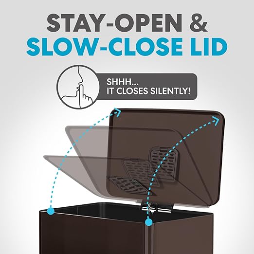 50 Liter / 13.2 Gallon Soft-Close, Smudge Resistant Trash Can with Foot Pedal and Built in Filter- Brown