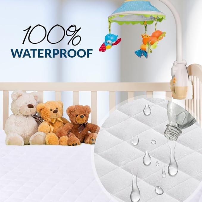 Mini Crib Mattress Protector 100% Waterproof, Noiseless ??Viscose Made from Quilted Ultra Soft White Terry Fitted Sheet Style (27?�X39??
