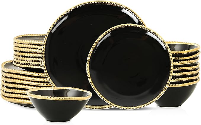 Christian Siriano Akoya Porcelain Dinnerware Set, 24-Piece - Dish Set for 8, Plates and Bowls Set, Black and Gold