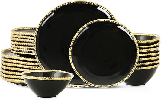 Christian Siriano Akoya Porcelain Dinnerware Set, 24-Piece - Dish Set for 8, Plates and Bowls Set, Black and Gold