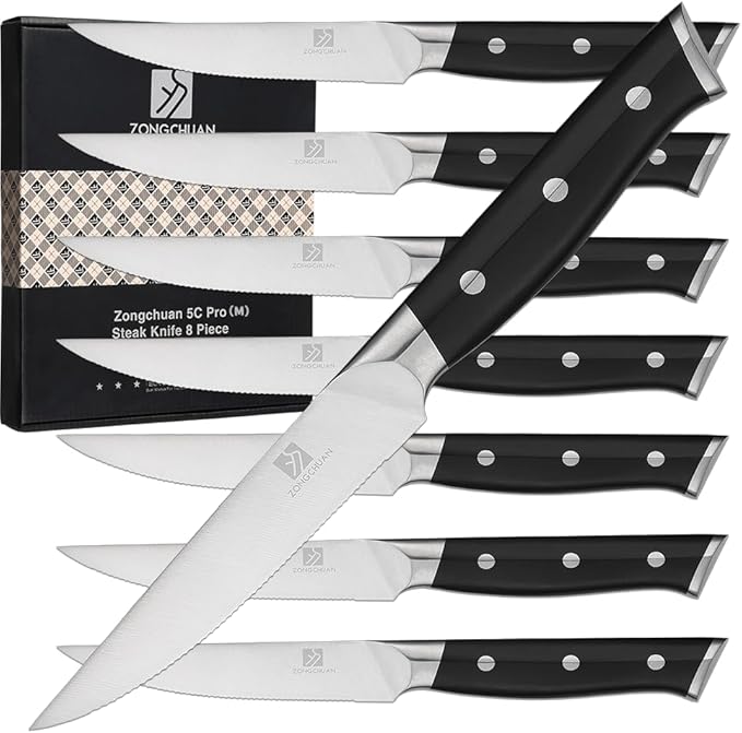Medium Steak Knives Set of 8, 4.5 Inch High-Carbon Stainless Steel Serrated Steak Knife,Ergonomic Black Handles,Razor-Sharp, Dishwasher Safe, Rust-Resistant & Durable,Full Tang With Excellent Gift