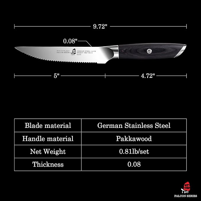 TUO Steak Knives - 4 Piece Steak Knife Set, Serrated Edge Steak Knives 5 inch Kitchen Knife - German High Carbon Stainless - Full Tang Pakkawood Handle - Falcon Series with Gift Box