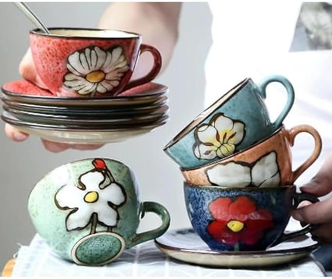Cappuccino Cups with Saucers Set of 4 ??8oz Ceramic Coffee Cups, Latte Espresso Mugs with Floral Design, Colorful Coffee Cup Set for Cappuccino, Latte, Mocha (4 colors)