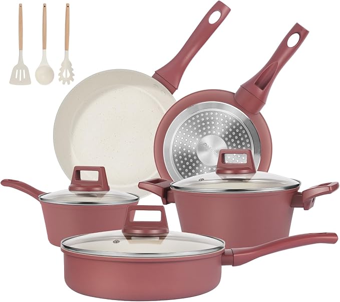 Pots and Pans Set Non Stick, 11 Pcs Kitchen Induction Cookware Set, Non Toxic Granite Nonstick Cooking Set with Frying Pan Set, Saucepans, Utensils, Reddish Brown
